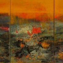 "Prsisch Landschap", 80 x 240 cm gemengde techniek, drieluik kunstenaar: Marianne Benkö